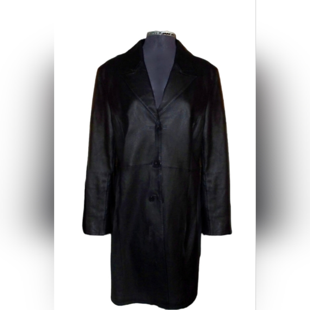 John Paul Richard Women's Uniform Petite Black Genuine Leather Long Jacket Sz10